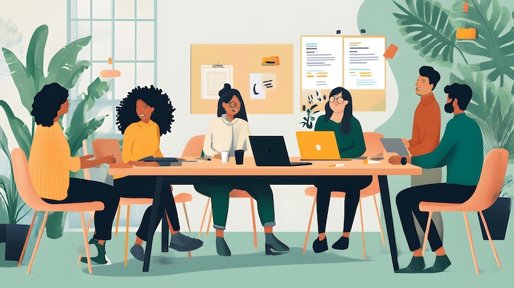 Diverse professional team collaborating in a modern office setting.